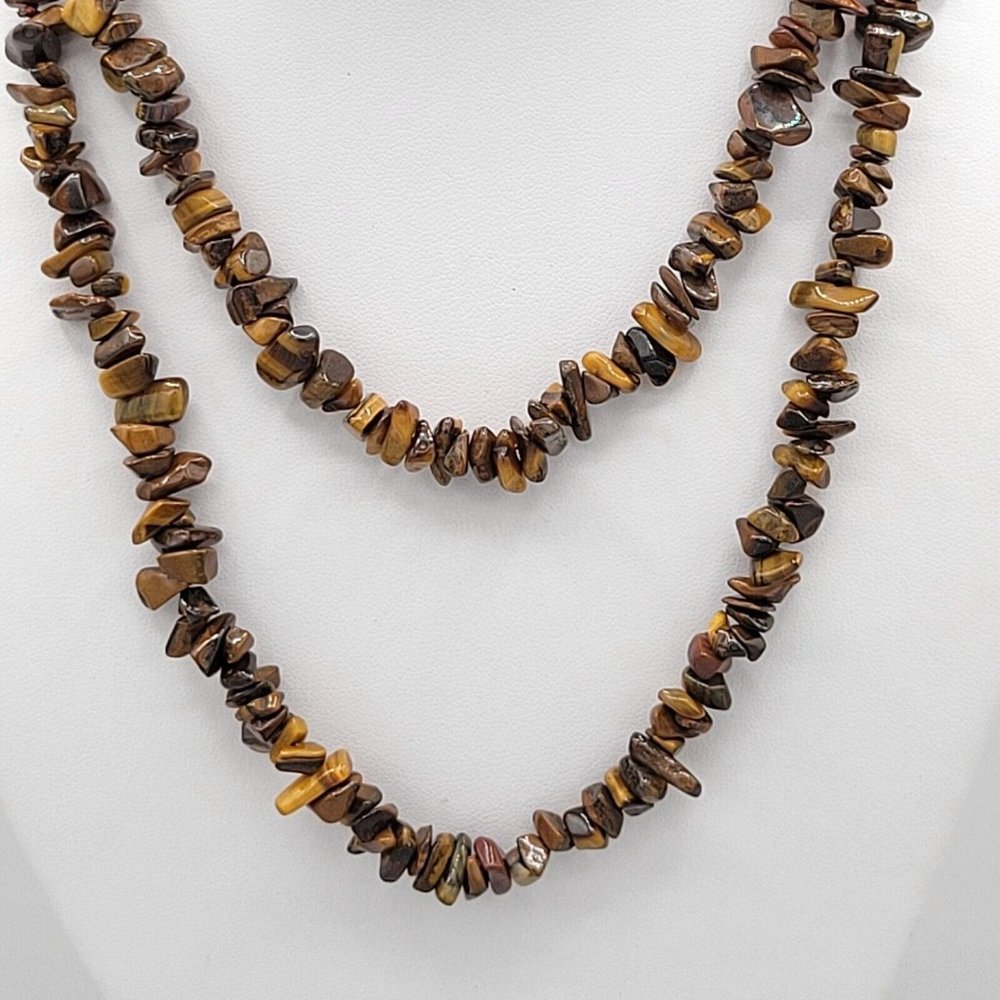 Unisex Natural Brown Tiger's Eye Stone Chips Beaded Fashion Necklace 32 in - Picture 4 of 5